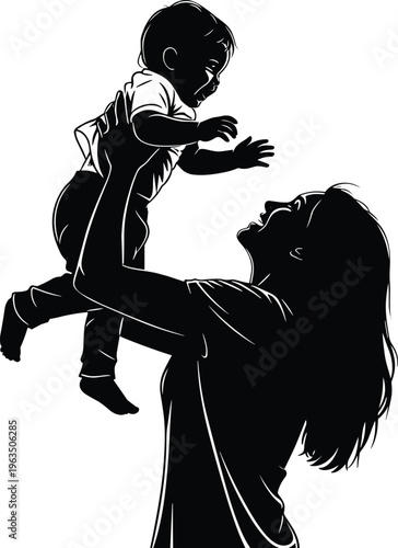 Black silhouette of a mother lifting her baby in the air showing love and happiness for Mother's Day vector illustration.