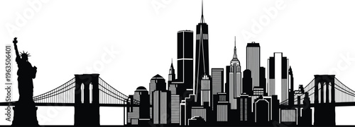 Black silhouette of New York City skyline featuring Statue of Liberty and Brooklyn Bridge for American travel and tourism vector.