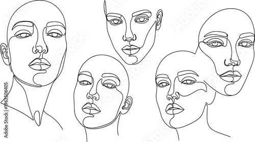 Minimalist continuous line art drawing of diverse female faces set of abstract woman portraits for modern aesthetic beauty vector design.