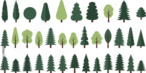 Set of various green flat tree icons and forest silhouettes for nature landscape design and environmental ecology vector illustration project.