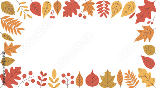 Colorful autumn leaves and berries border frame on white background