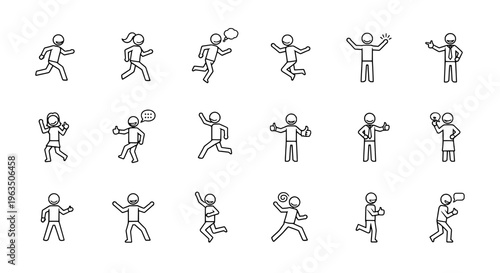 Stick figures running set with various poses and actions, black line art on white background. featuring illustrations, icons, graphics with people