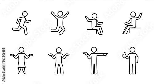 Stick figures icon set with various poses and gestures in black outline featuring line art, simple illustrations, cartoon style with minimalistic