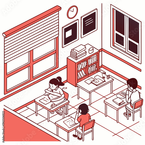 Isometric illustration of diverse students studying in a traditional classroom environment with desks, books, and educational supplies, elementary school, secondary school, student life