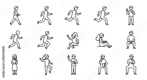 People stick figure set with various poses and actions in black outline on white background featuring human, humans, character with characters and