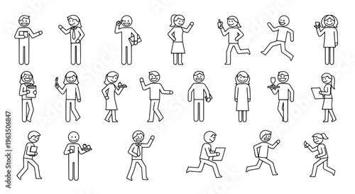 People stick figure set with various actions and poses in black lines on white background featuring line art, icons, illustrations with characters
