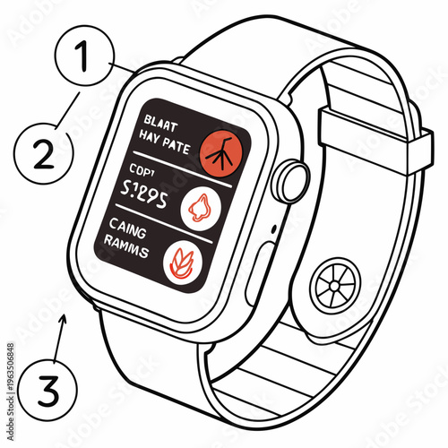 Modern smartwatch isometric line art illustration with user interface display and numbered callouts for feature explanation and design with wearable technology with smart device with user experience