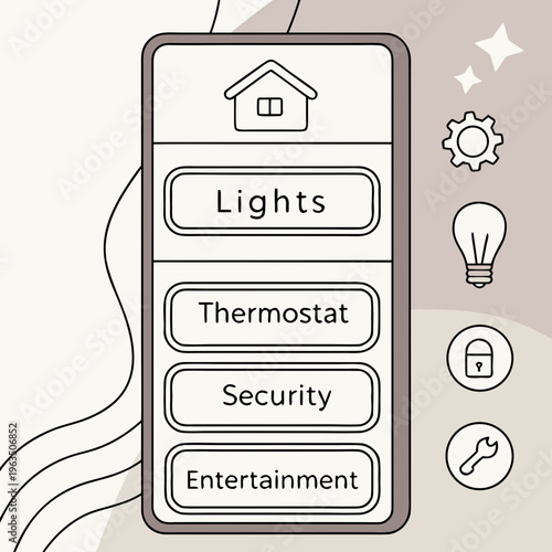 Smart home application interface on mobile device screen, digital control of household systems & automation technology for modern living, user interface, internet of things, line art, interface design