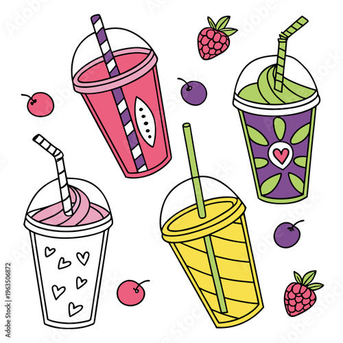 Collection of colorful takeaway smoothies and drinks vector illustration with straws and berries for cafe menus and sweet refreshments with takeaway drink with cold drink with fast food with line art
