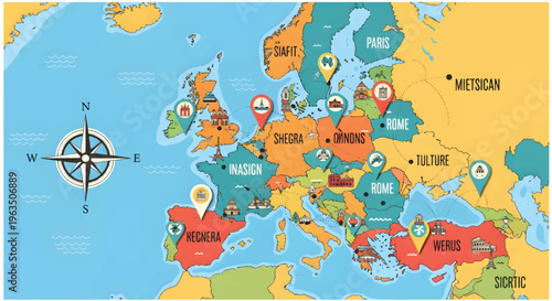 Vintage Europe map vector with travel icons, colorful continental map with landmarks and pins, retro atlas illustration for tourism and education