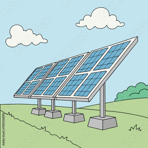 Sustainable solar energy panels on a grassy hill under blue sky: renewable power generation and environmental conservation illustration with solar panel with green energy with energy source