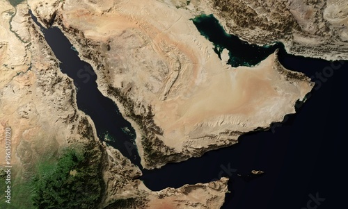 Aerial View of Arabian Peninsula, Red Sea, and Persian Gulf Featuring Strategic Bab el-Mandeb and Hormuz Straits - 3D rendering