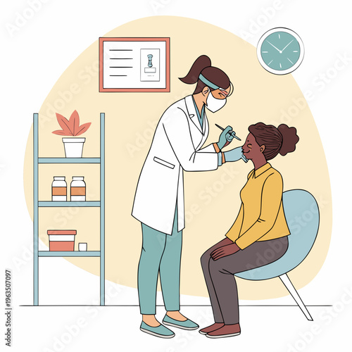 Female dentist in mask and gloves performing oral examination on patient, dental clinic visit illustration, dental checkup, dental care, flat design, clinic interior, well being, check up