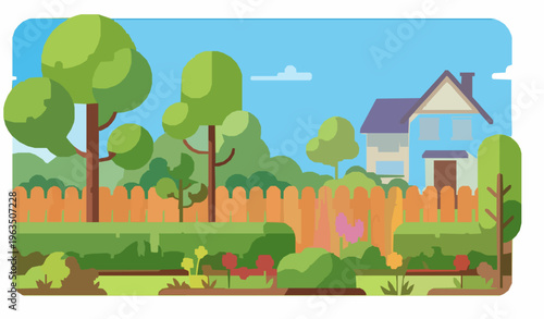 Backyard Garden with Wooden Fence Trees and Flowers Spring Vector Illustration