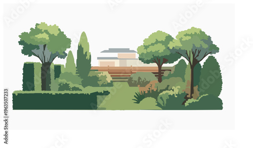 Green Garden Landscape Backyard Fence and House Summer Vector Illustration