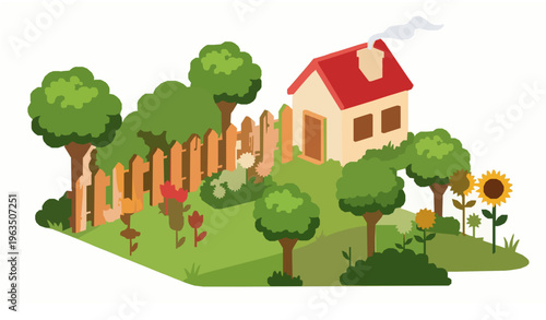 Cartoon Backyard Garden with Fence Flowers and House Vector Illustration