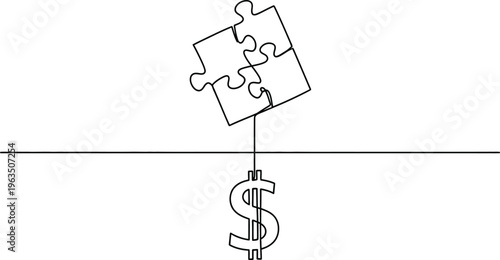 Dollar currency sign tied with four jigsaw puzzle pieces one line