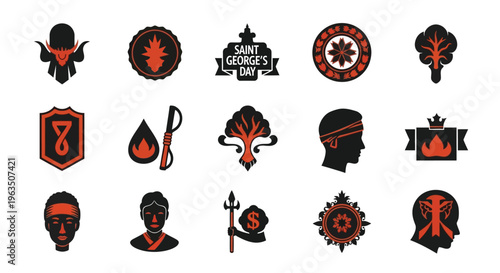 Saint george's day themed icons set with red and black symbols and silhouettes on white background