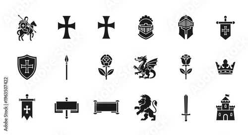 Collection of medieval symbols and crests with knight cross shield sword and lion illustrations
