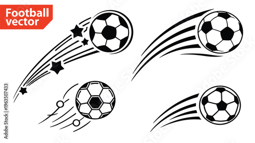 Dynamic soccer balls with curved motion trails in a stylized graphic design.
