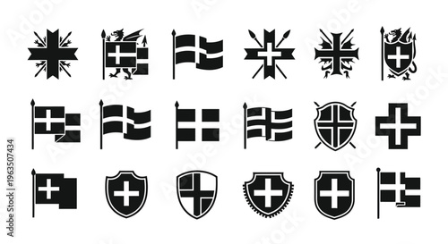 Collection of black and white flags and shields with crosses and symbols on white background