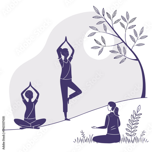 Group of women practicing yoga in outdoor nature setting with tree and peaceful atmosphere