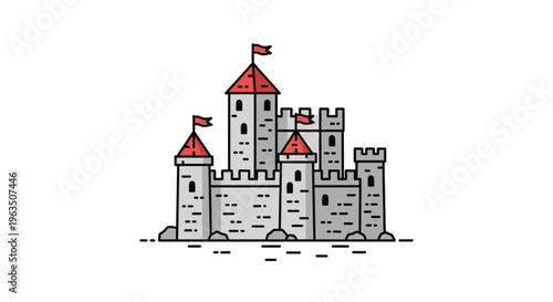 A whimsical gray stone castle with red roofs and flags on a white background symbolizing fantasy and adventure in a medieval setting