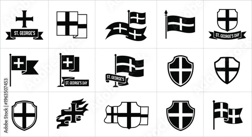 Set of st george's cross symbols flags and shields in black and white medieval heraldry icons