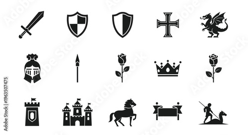 Medieval icons set including sword shield castle crown and knight symbols in black silhouette on white background