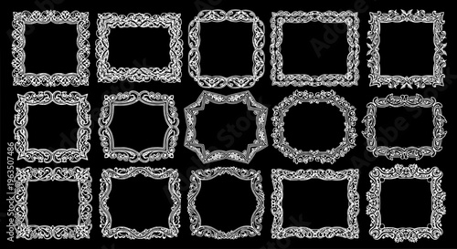 Borders ornate frame set with white floral patterns on black background for photo or text decoration