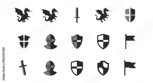Medieval knight shields dragons swords helmets icons set black and white heraldry symbols