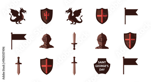 Medieval saint george's day icons set with dragons shields helmets swords and flags on white background