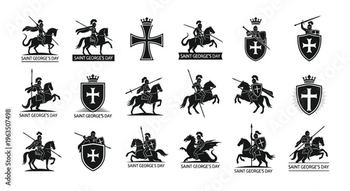 Collection of saint george the victorious icons and crests with knight horse shield and cross on white background