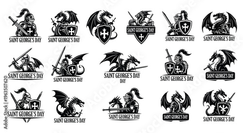 Saint george's day icons set black and white dragon and knight emblems symbols and logos for celebration