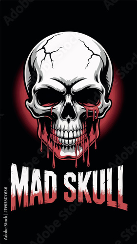 A macabre illustration features a cracked human skull dripping blood against a circular red halo on a black background with bold text.