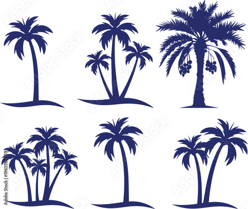 A collection of six dark blue silhouette icons displays various arrangements of tropical palm trees standing on small patches of land.