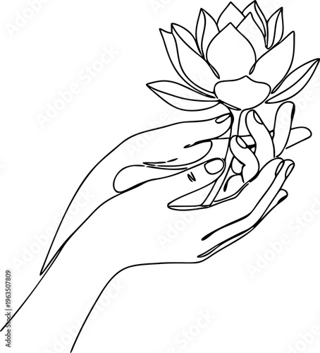 Hands with lotus flower line art vector. vesak day concept ilustration 