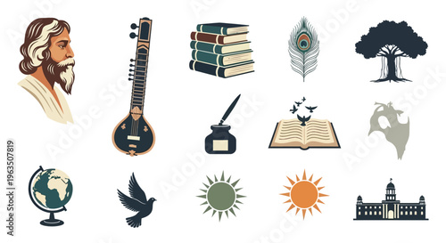 Collection of educational and cultural symbols including books musical instrument and nature elements