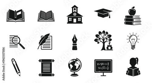 Education icons set including school books graduation cap apple learning teaching and education tools on white background