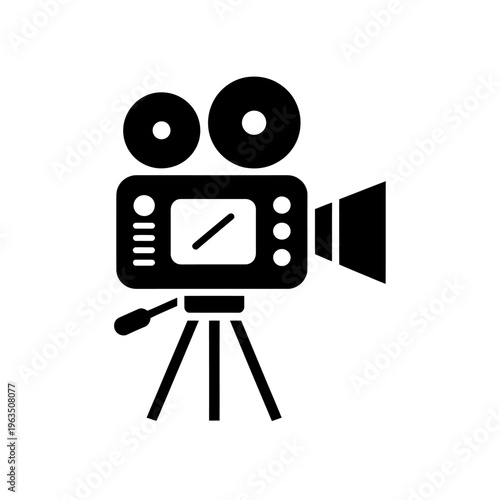 Black and white illustration of a movie camera on a tripod stand