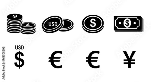 Money icons set with coins, bills, and currency symbols in black featuring dollar, euro, yen with USD and financial elements for banking, economy