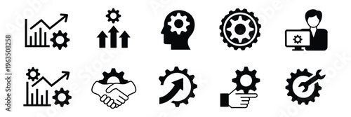 Business optimization and workflow management icon set, process improvement, efficiency, task automation, KPI analytics, performance tracking, business operations and productivity concept.