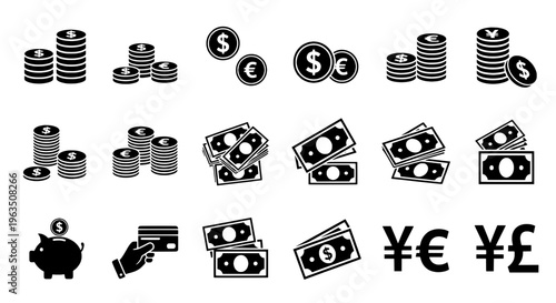 Money set with coins, bills, and currency symbols in black featuring finance, dollar, euro with yen and pound elements for financial icons, coin