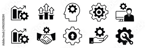 Business optimization and workflow management icon set, process improvement, efficiency, task automation, KPI analytics, performance tracking, business operations and productivity concept.
