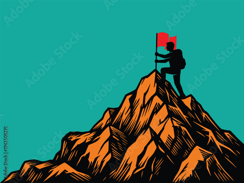 Silhouette of a hiker standing on a mountain peak with a red flag