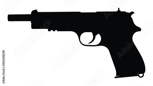 A black silhouette of a semi automatic pistol on a white background