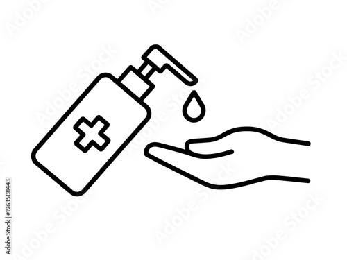 Hand receiving sanitizer gel from dispenser bottle icon