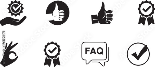 A set of black and white approval icons includes various thumbs up gestures, checkmarks, ribbons, and an FAQ speech bubble.