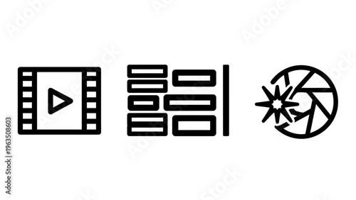 Set of 3 modern flat icons: play button, stack of documents, and aperture diaphragm. graphic resources for media, business, and photography concepts