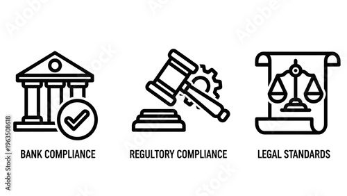 Collection of 3 icons: building with checkmark for bank compliance, gavel on gears for regulatory compliance, and scales of justice on scroll for legal standards